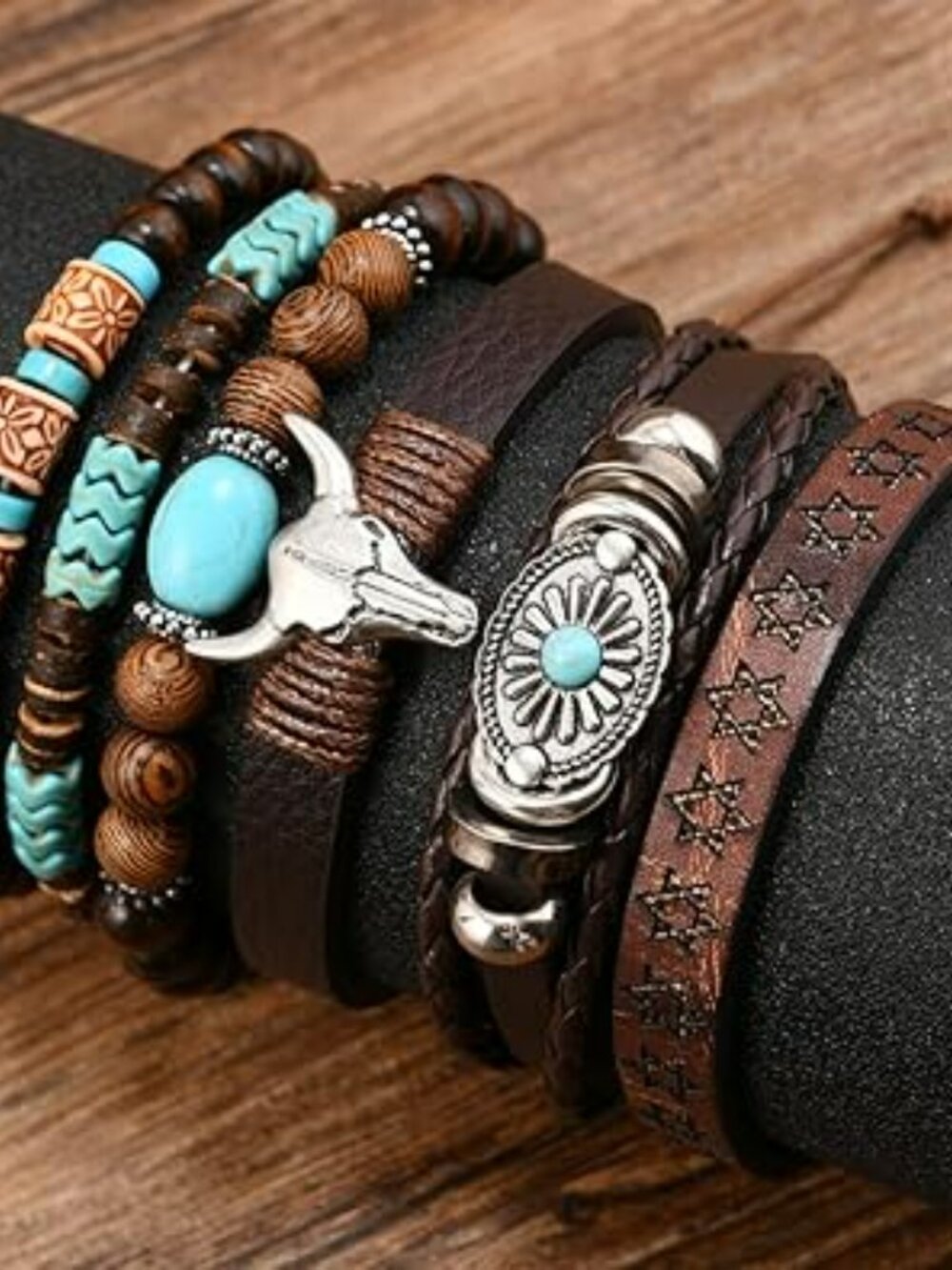 New 6 pcs Western Cowgirl Leather Bracelet Stackable Beaded Charm Steer Boho